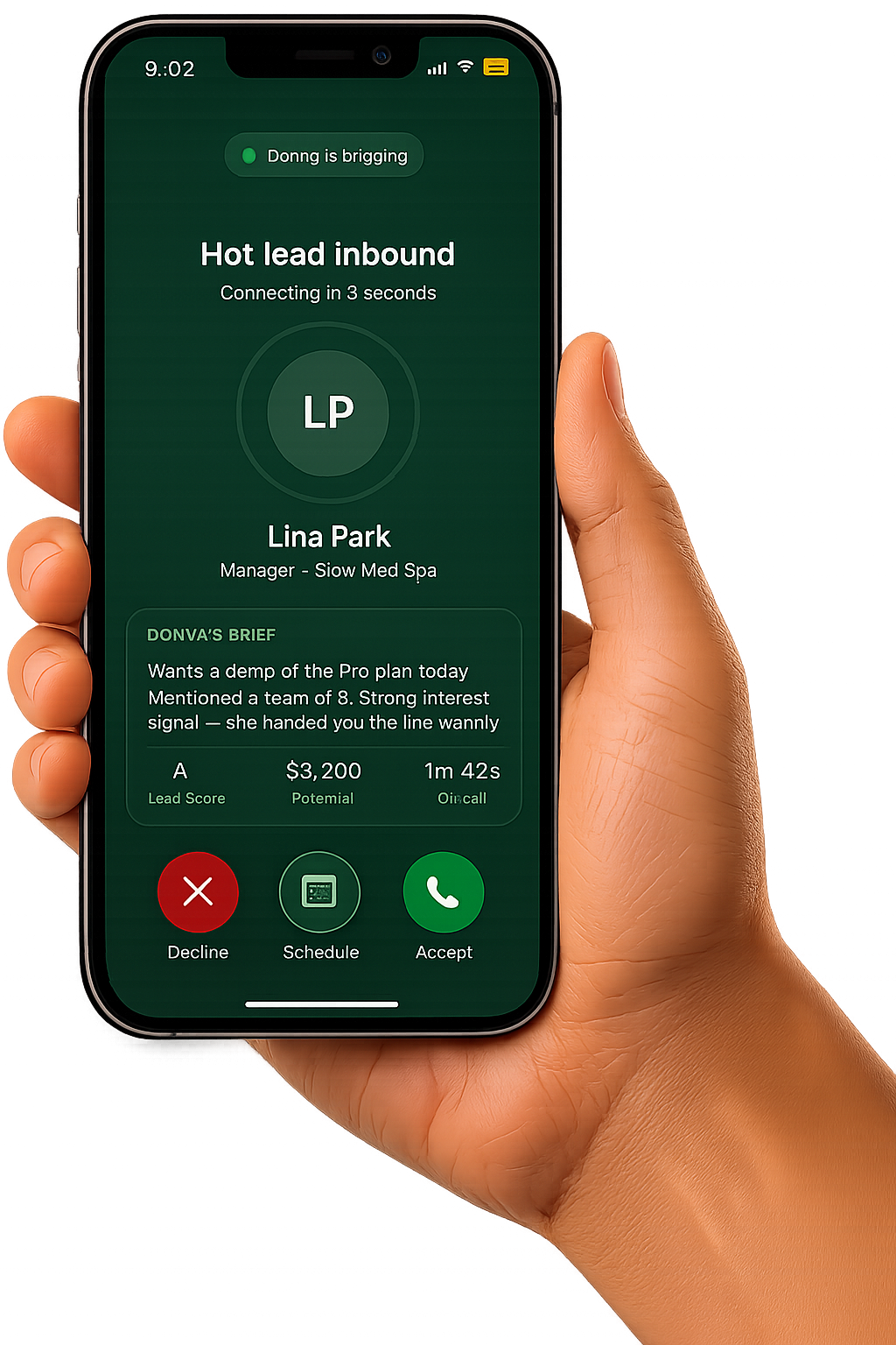 Della iOS app dashboard, revenue captured this month, action inbox, and recent calls