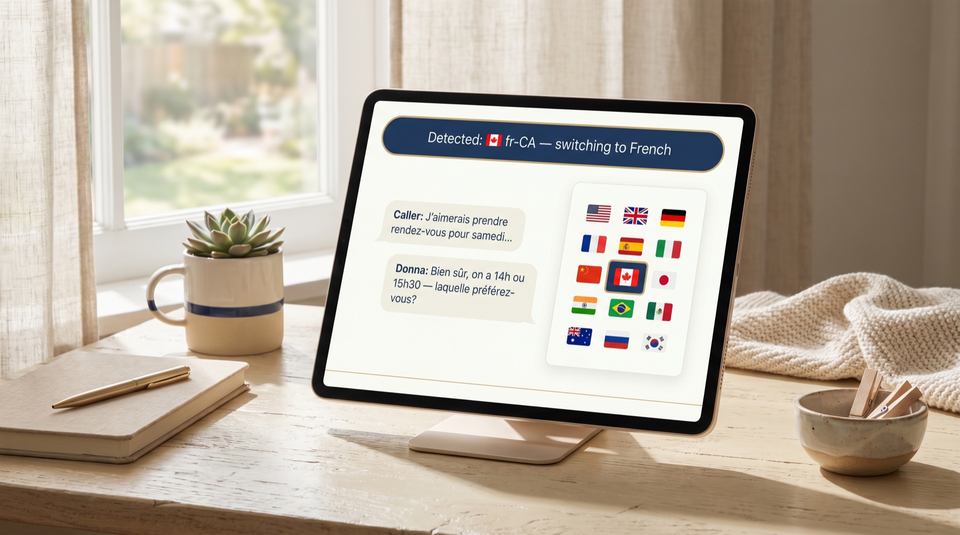 Language detection moment mid-call with banner reading Detected: fr-CA, switching to French