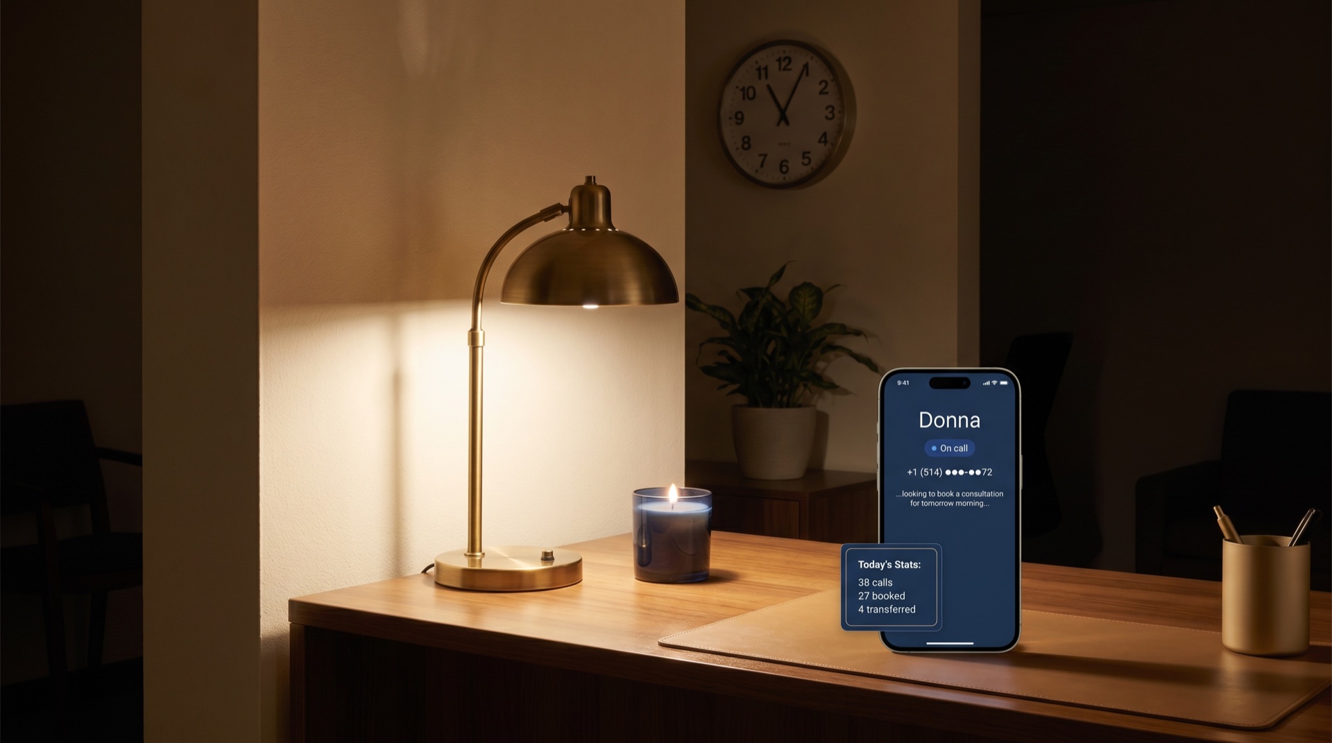 Della AI dashboard at night, mid-call, with caller transcript and live KPI strip