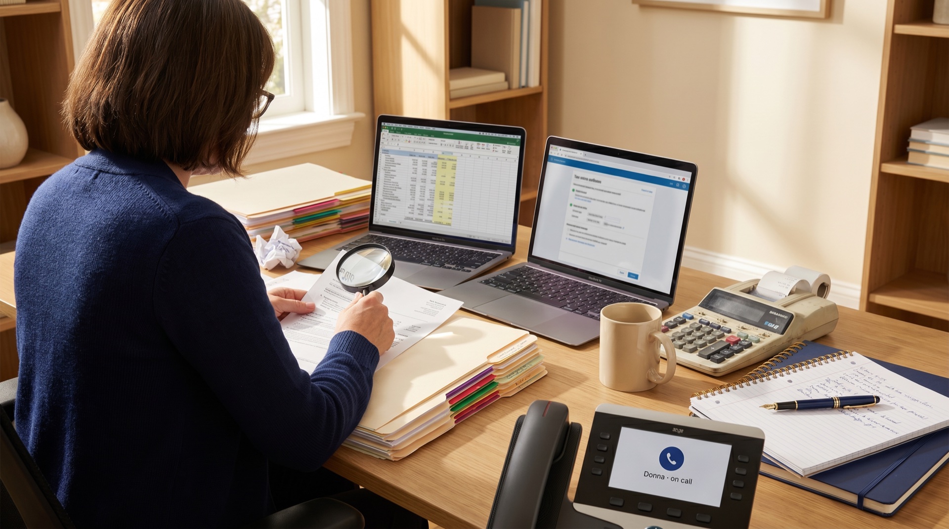 Accountant working on returns while Della handles client calls