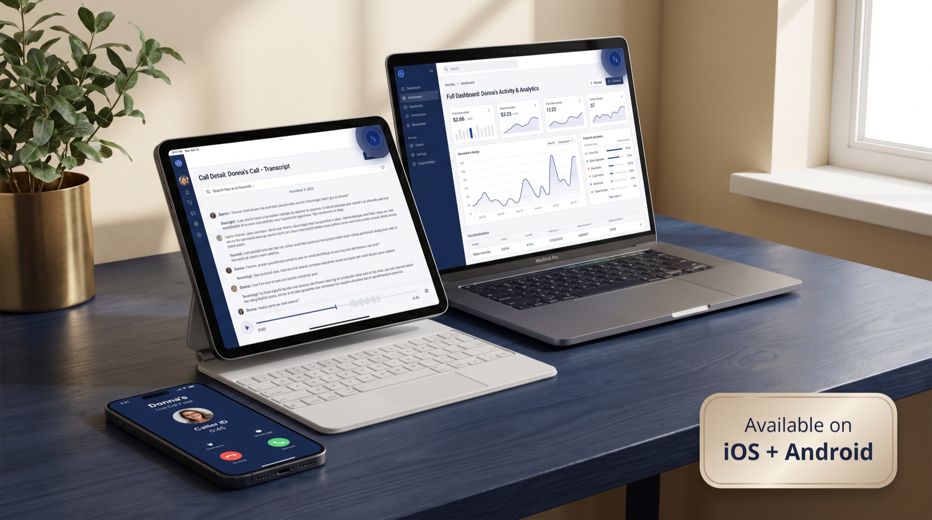 Della running on iPhone, iPad, and laptop side by side with sync indicators