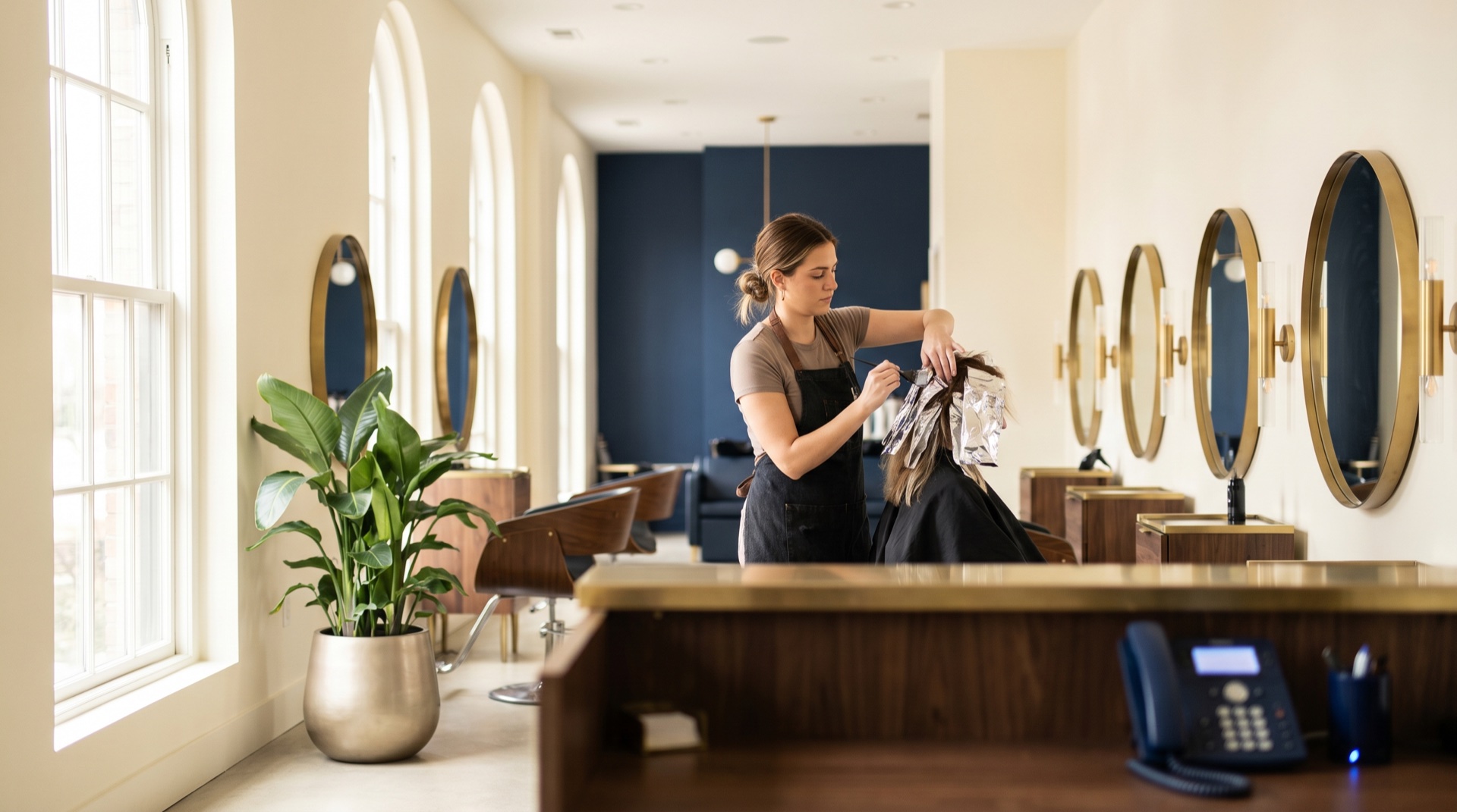 Salon owner with phone forwarded to Della AI receptionist