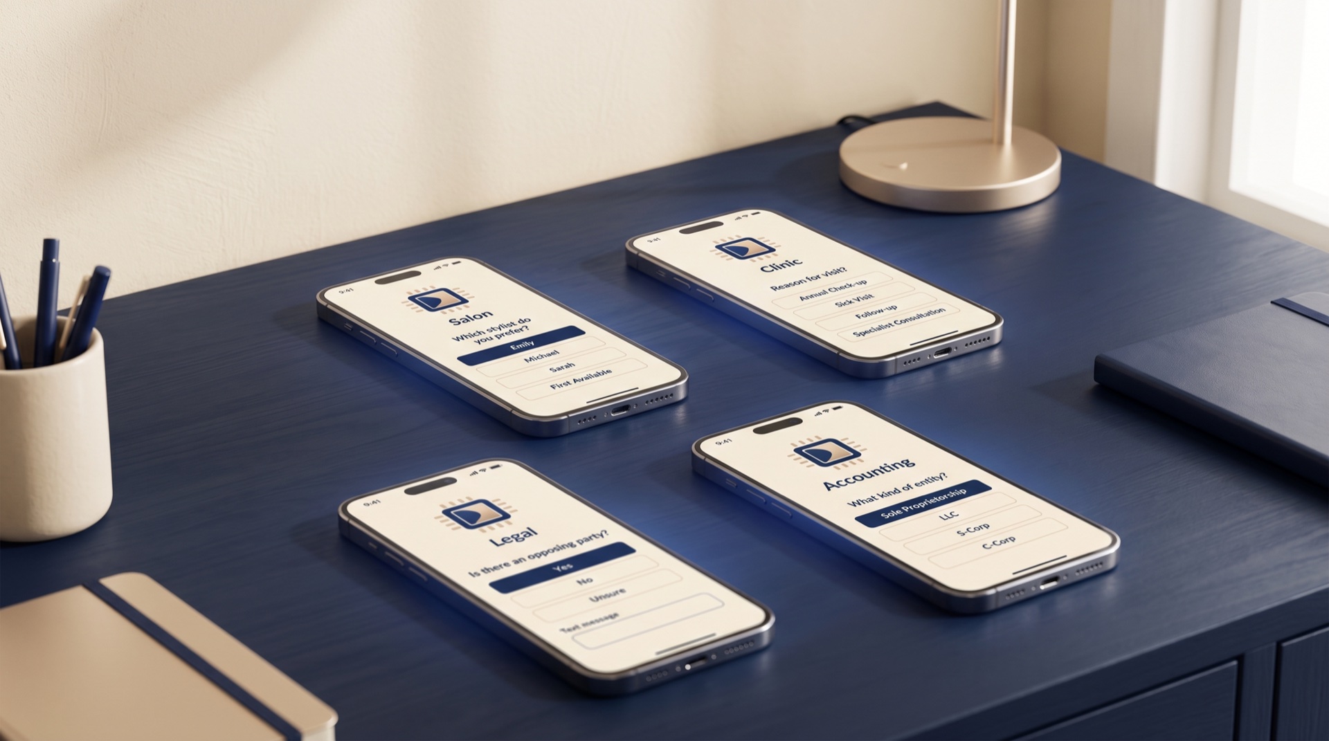 Four iPhone mockups arranged 2x2, each showing the same Della brand but a vertical-specific intake screen