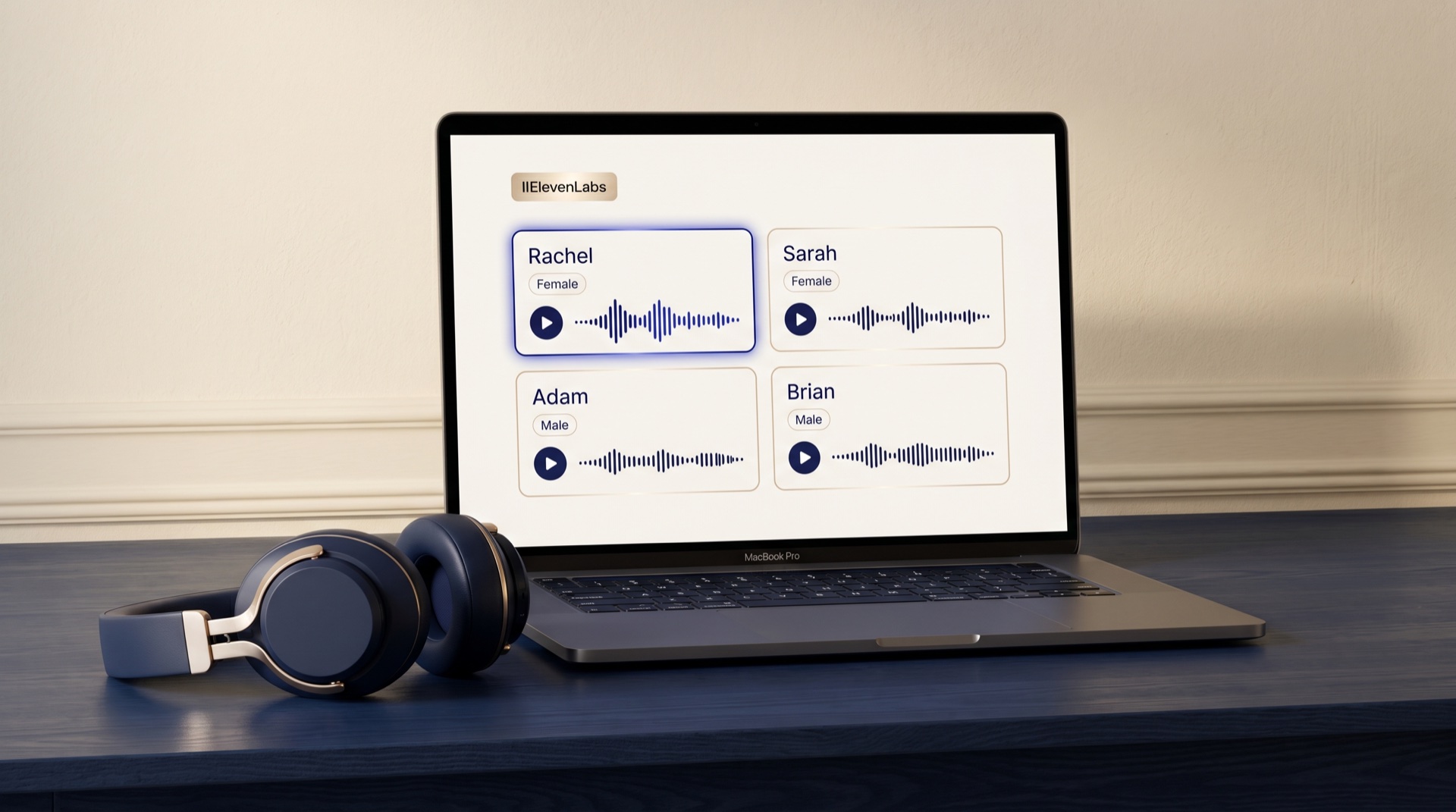 Voice picker UI showing four studio-grade voices with play samples
