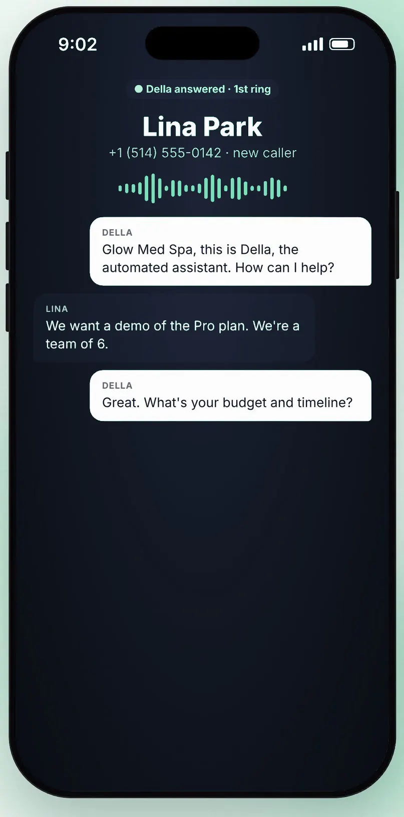 Della AI dashboard at night, mid-call, with caller transcript and live KPI strip
