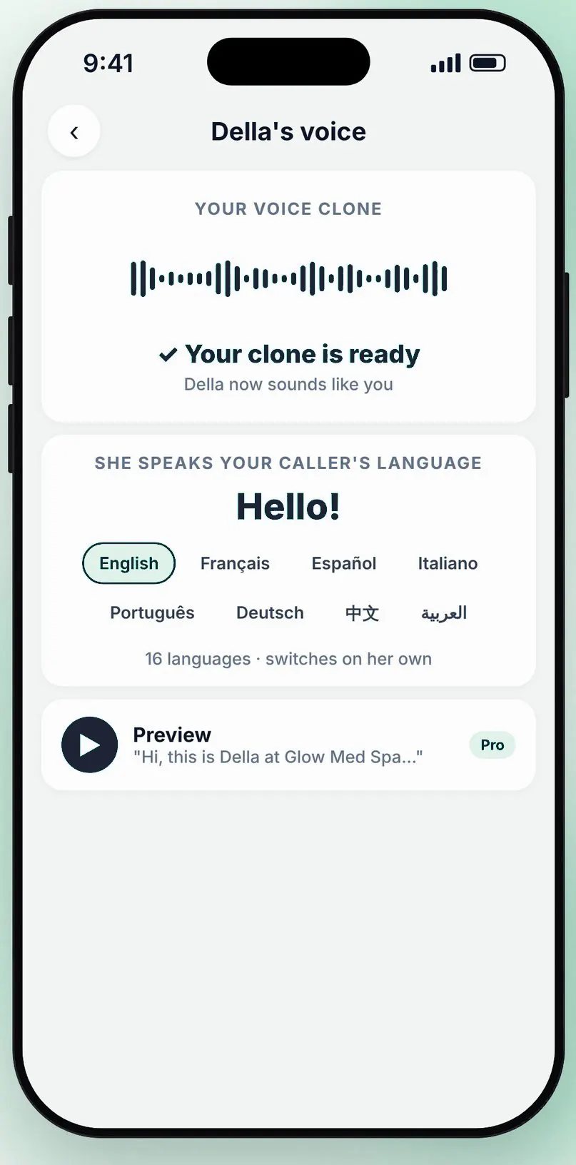 Voice picker UI showing four studio-grade voices with play samples